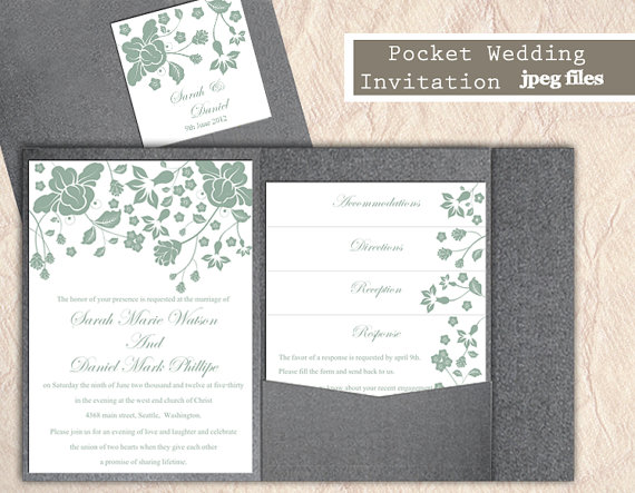 Hochzeit - Printable Pocket Wedding Invitation Suite Printable Invitation Floral Green Wedding Invitation Download Invitation Edited jpeg file