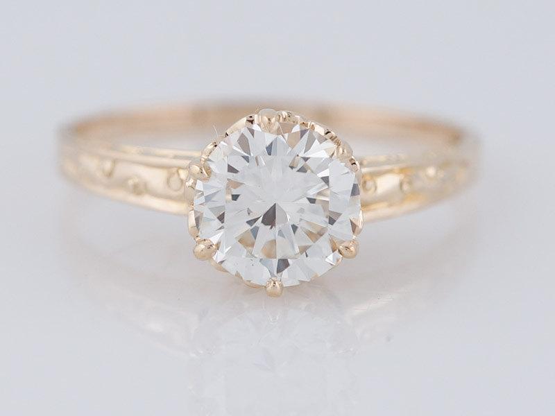 زفاف - Antique Engagement Ring Art Deco .90ct Round Brilliant Cut Diamond in 14k Yellow Gold