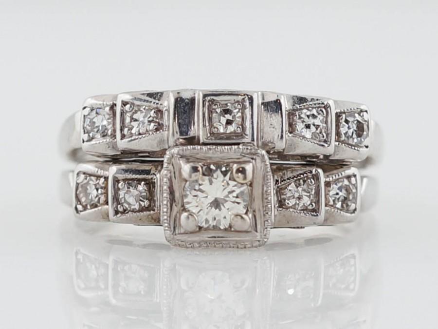 Wedding - Antique Engagement Ring Art Deco .20 ct Diamond and Wedding Band in 14k White Gold