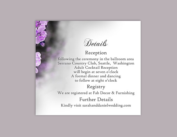 Wedding - DIY Wedding Details Card Template Editable Word File Instant Download Printable Details Card Purple Details Card Floral Enclosure Cards