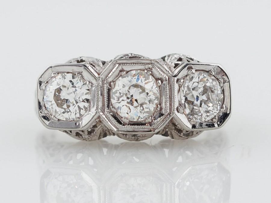 زفاف - Edwardian Engagement Ring Antique 1.14 ctw Three Stone Diamond in 18k White Gold