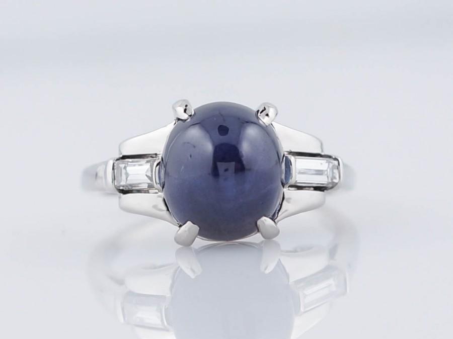 Wedding - Antique Engagement Ring Art Deco 5.54ct Blue Cabochon Cut Sapphire in Platinum
