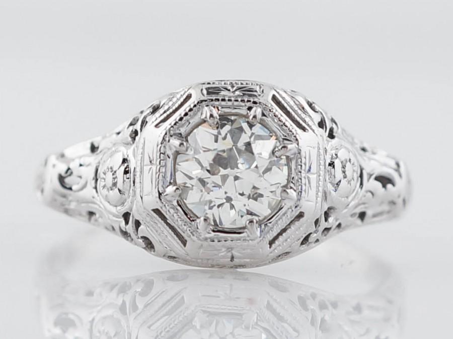Wedding - Antique Engagement Ring Art Deco .57ct Old European Cut Diamond in 18k White Gold