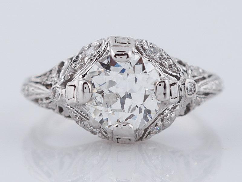 Wedding - Antique Engagement Ring Art Deco 1.34ct Old European Cut Diamond in 18k White Gold
