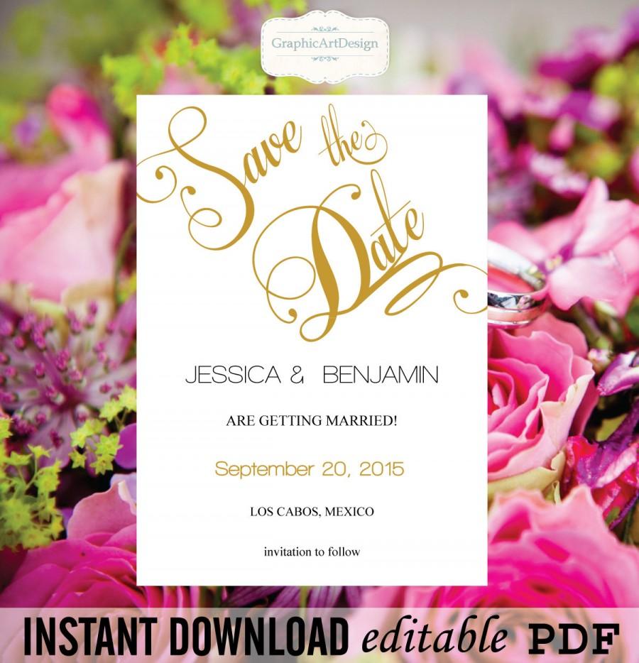 Свадьба - Wedding Save-the-Date Editable PDF - Golden Calligraphy Handlettered Typography Printable Download - Adobe Reader Format - DIY You Print