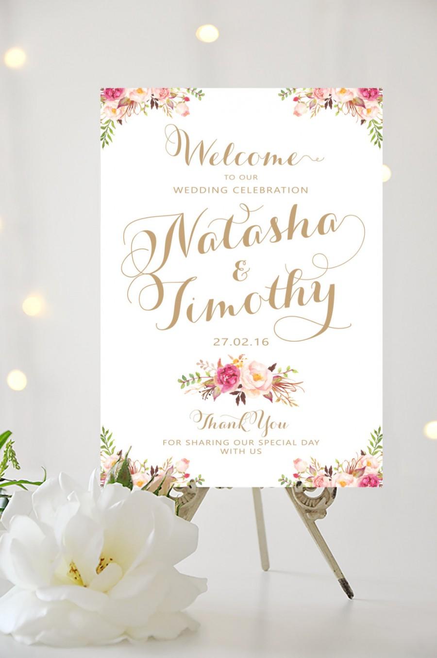 Свадьба - Wedding Welcome Sign - Large Wedding Poster - Romantic Blooms - Vintage Gold Script - Personalized - I Create and You Print