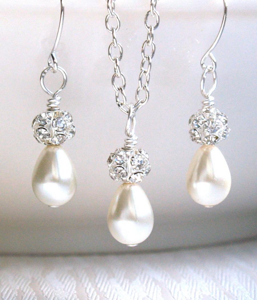 Wedding - Tiny Ivory Necklace, Bridesmaid Gift Set of Necklace and dangle Earrings, Teardrop Pearl Bridesmaid Jewelry, Wedding Favors for Bridesmaids