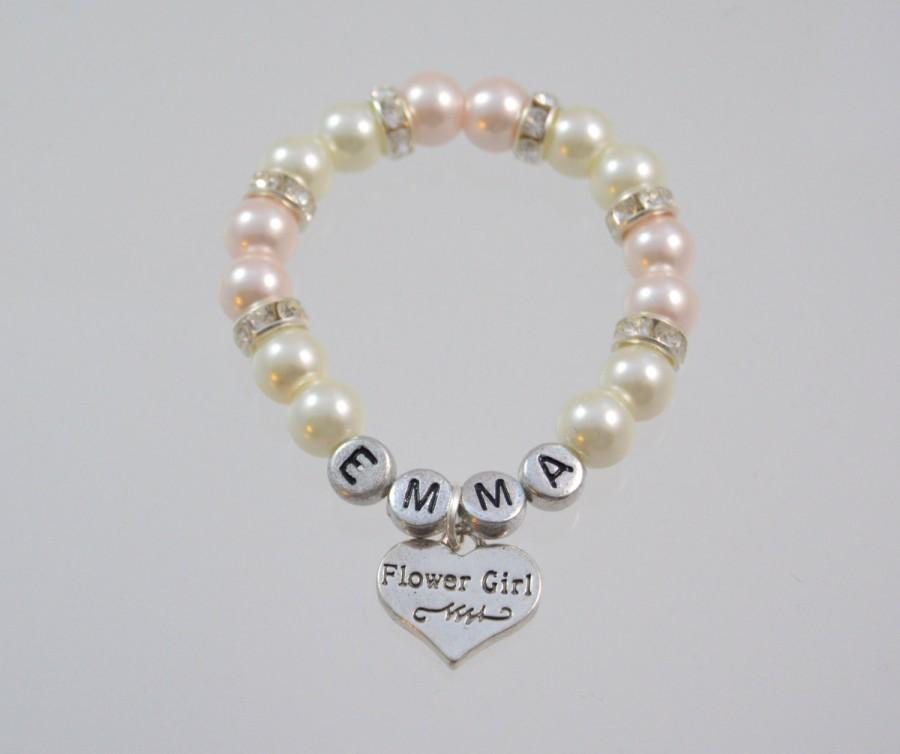Mariage - Name Flower girl Bracelet with Rhinestone Spacers, Wedding Jewelry, Monogram, Personalized, Stretch, Pearl Bracelet, Wedding