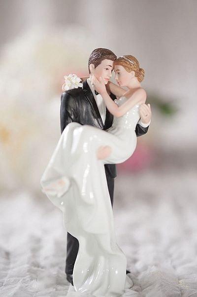 Hochzeit - Groom Holding Bride Traditional Cake Topper Figurine - Custom Painted Hair Color Available - 707529