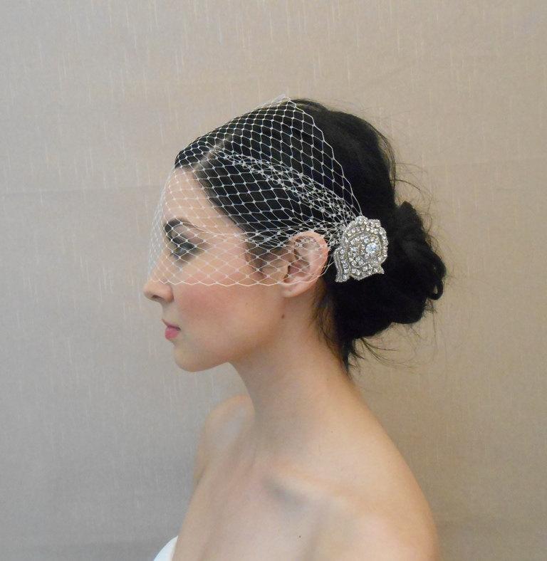 Wedding - French/Russian bandeau style birdcage veil with two rhinestone flower appliques - Ready to ship in 1 week