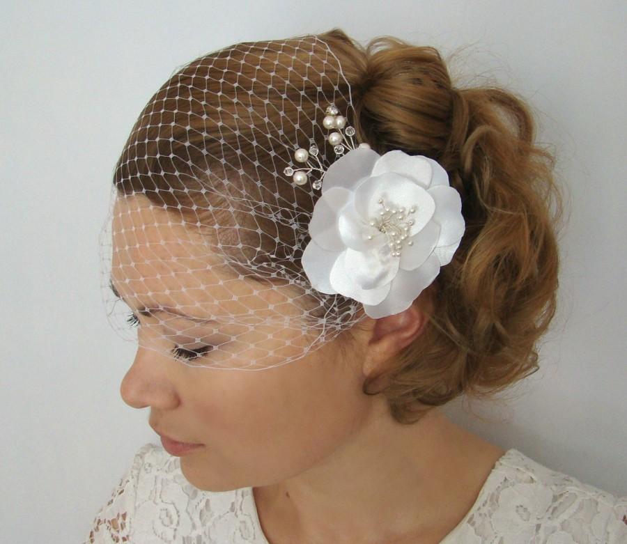 Wedding - Birdcage Veil with Flowers - 2 pieces Set Bridal Veil Flower Fascinator - Bridal Flower Hair Clip