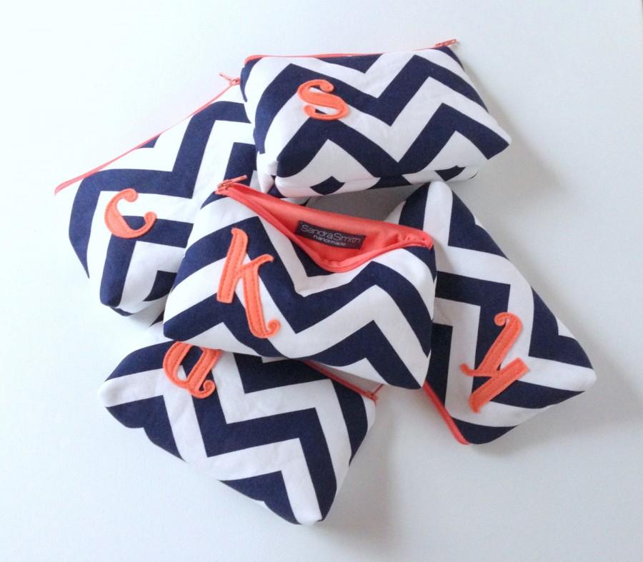 Hochzeit - Five Initial Cosmetic Bags // Coral & Navy Chevron