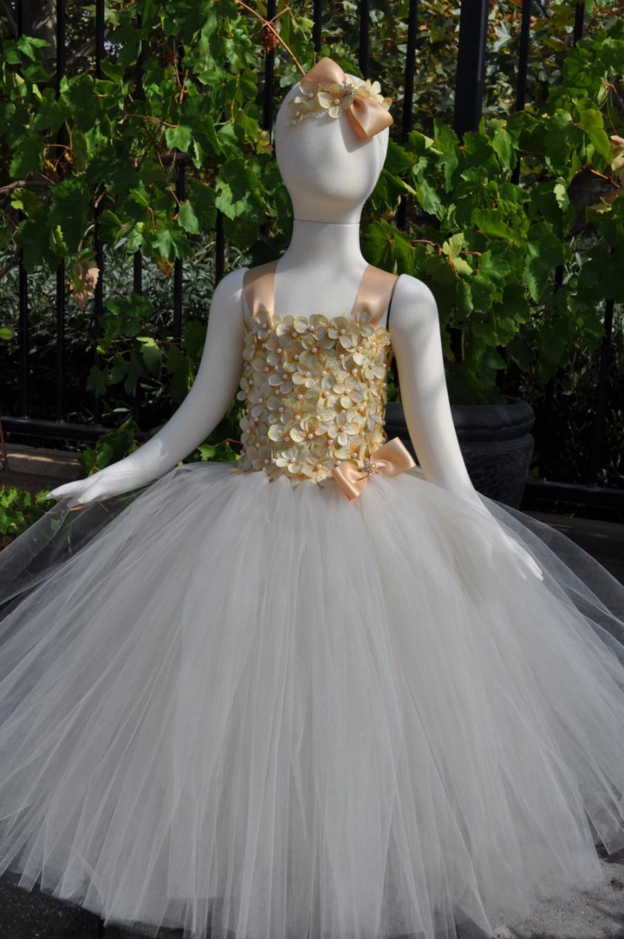 Wedding - Special Occasion Dress, Flower Girl Dress, Gold Ivory Flower Girl Dress, Tutu Dress, Girl, Champagne/ Ivory Dress