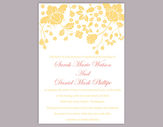 Hochzeit - DIY Wedding Invitation Template Editable Word File Instant Download Printable Invitation Floral Wedding Invitation Elegant Yellow Invitation