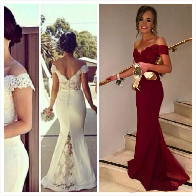 Wedding - Vintage Whie Bridesmaid Dresses Sleeves Long Brdal Plus Size Sheath Off Shoulder Applique Sheath Floor Length Evening Gown Formal Prom Gown Online with $72.57/Piece on Hjklp88's Store 