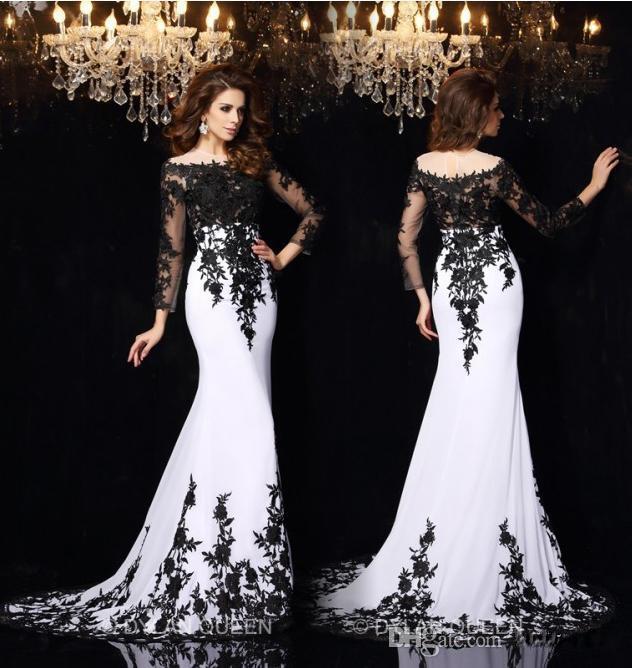 Mariage - 2016 Elegant Long Sleeves Lace Evening Dresses Vestidos De Noiva Arabic Crew Sheer Neck Black Applique Plus Size Formal Prom Party Gowns Online with $96.76/Piece on Hjklp88's Store 
