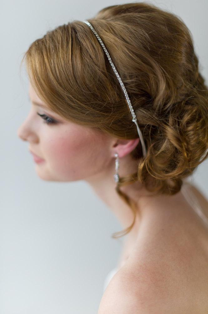 Wedding - Bridal Ribbon Headband, Luxe Satin Ribbon Headband, Wedding Headpiece, Rhinestone Ribbon Headband