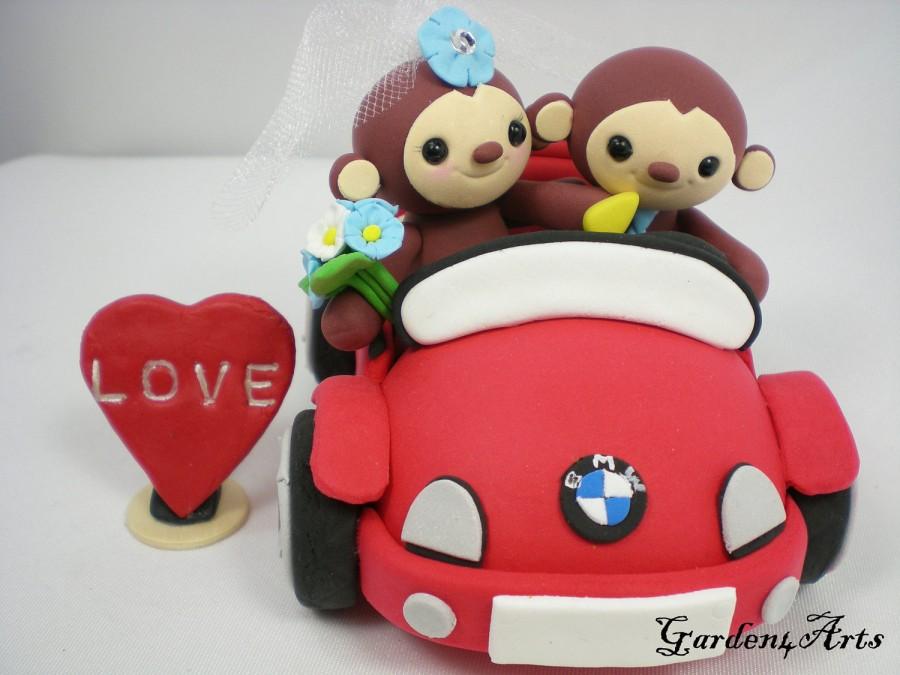 Hochzeit - Custom Wedding Cake Topper--Happy Monkey Love with Sweet Convertible Car