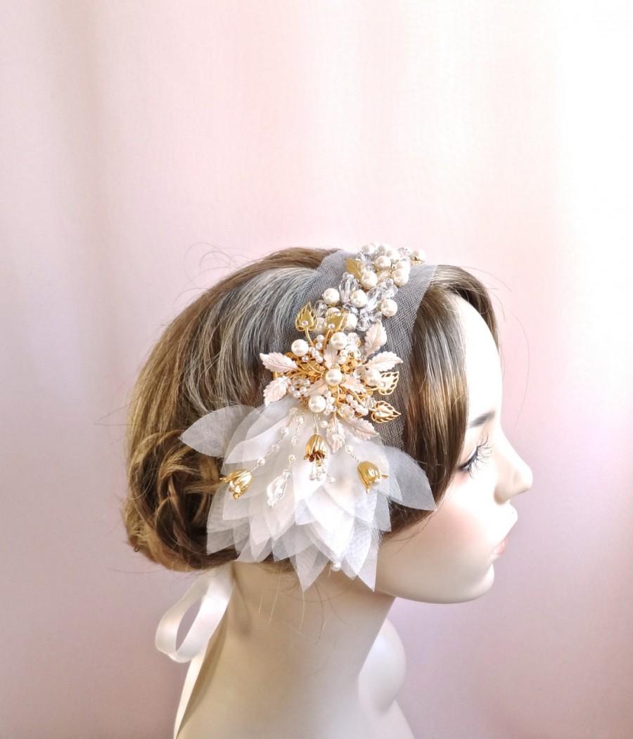 Hochzeit - Gold bridal headpiece, 18k gold plate, wedding hair piece, gold bridal headband, wedding headpiece, pearls crystals, hair jewelry, Style 316