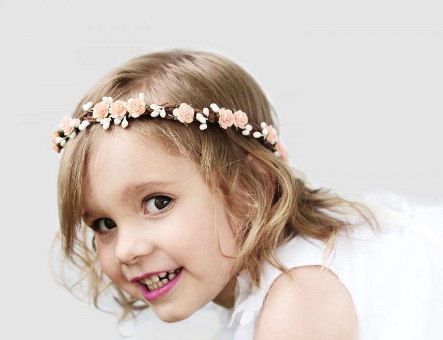 Mariage - Peach Rose Flower Girl Crown, Flower Girl Flower Crown, Peach and Ivory,Hair Wreath, Flower Girl Circlet, Pink, Red, Mint, Ready to Ship