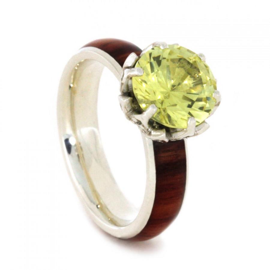 زفاف - Sterling Silver Yellow Sapphire Engagement Ring with Diamond Accents and Tulip Wood Inlay, Lotus Flower Ring