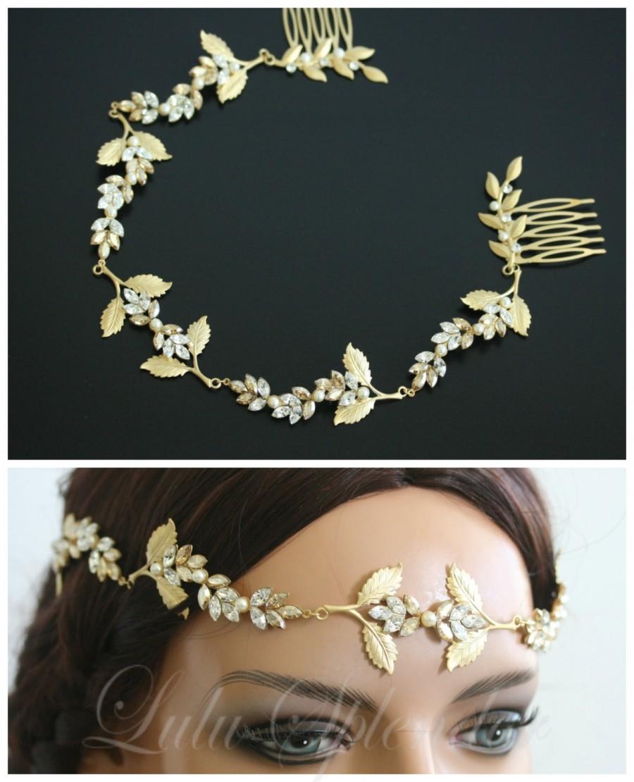 Mariage - Wedding Halo Golden Shadow Crystal Grecian Headpiece Matt Gold Leaves Forehead Band Bridal Hair Accessory RAYA