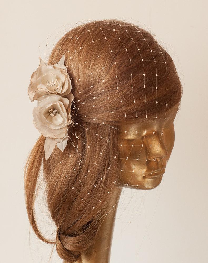 زفاف - BIRDCAGE VEIL. Champagne-Nude veil .Romantic wedding Headpiece with beautifull,delicate Flowers.BRIDAL Fascinator