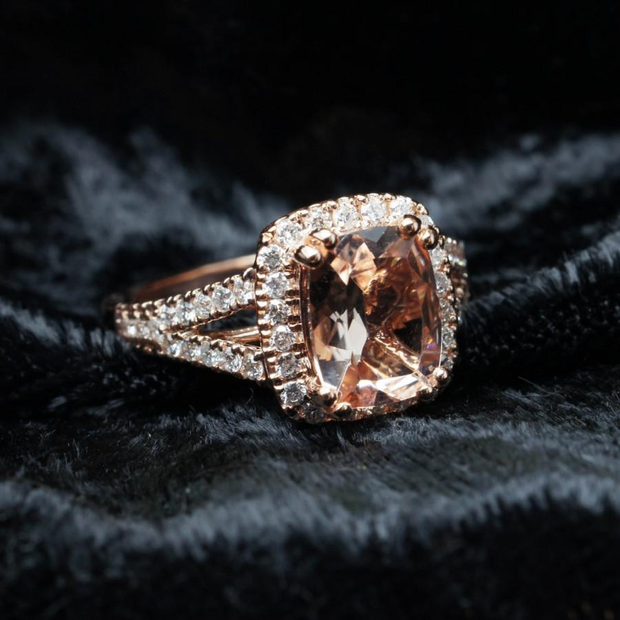 Wedding - Rectangular Cushion Cut Morganite Diamond Halo Engagement Ring in 14k Rose Gold Morganite Engagement Ring Cushion Halo Pink Gold Bridal