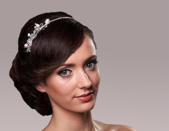 Wedding - Birdal hair Tiara with pearl accent, Flower girl accessory. Ready to ship.