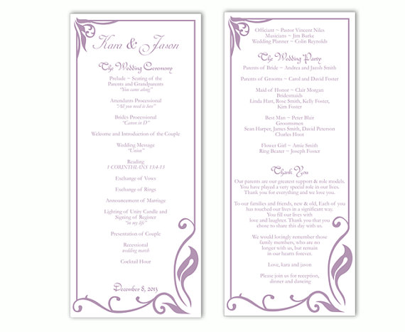 Свадьба - Wedding Program Template DIY Editable Word File Instant Download Program Lavender Wedding Program Purple Program Printable Program 4x9.25