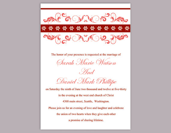 Свадьба - DIY Wedding Invitation Template Editable Word File nstant Download Printable Invitation Floral Wedding Invitation Wine Red Invitations