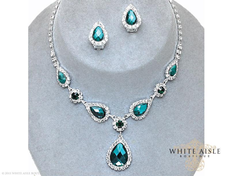زفاف - Emerald Green Drop Necklace Set, Rhinestone Bridal Statement Necklace, Wedding Jewelry, Vintage Inspired Necklace, Bridesmaids Jewelry