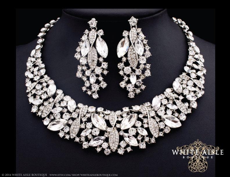 Bridal Necklace Earring Crystal Statement Necklace Bridesmaid Statement Necklace Jewelry Set Leaf Bridal jewelry set Trouwen Sieraden Sieradensets Backdrop Necklace 
