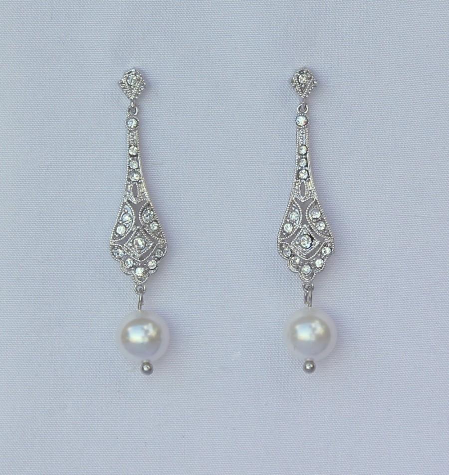 زفاف - Deco Pearl Drop Earrings, Bridal Earrings,GOLD or SILVER,  Vintage Dangle Earrings, Vintage Wedding Jewelry, VIOLET P