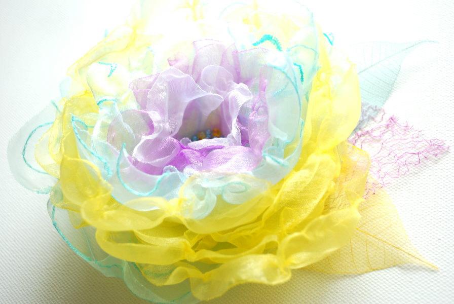 Hochzeit - SALE, yellow aqua blue lavender, handmade organza flower, bridal hair clip, bridesmaid hairpiece, brooch, comb, flower for sash, spring