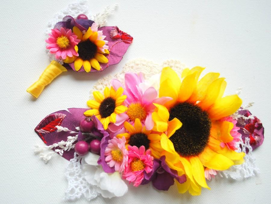 Hochzeit - sunflowers bridal comb, grooms boutonniere, weddings hair accessories, country farm rustic wedding, plum purple lilac yellow pink,