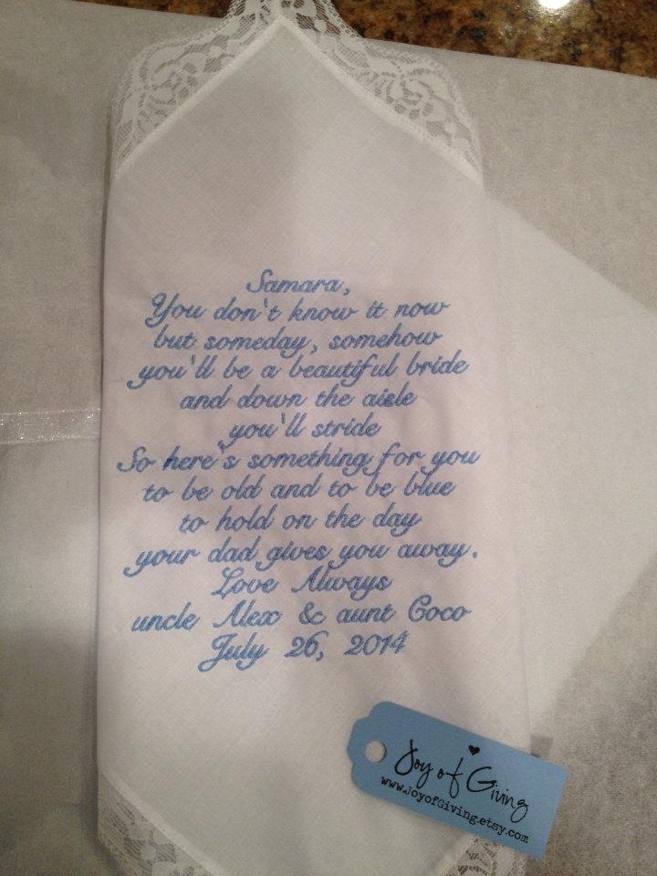 Hochzeit - Flower Girl LACE Heirloom Personalized Wedding Handkerchief Message 2 Custom Embroidered