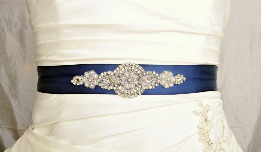 Hochzeit - EMMA Wedding Belt, Wedding Sash, Bridal Belt, Bridal Sash, Dress Belt, Bridesmaid Belt, Navy Blue Rhinestone Belt, Beaded Belt, Custom Color