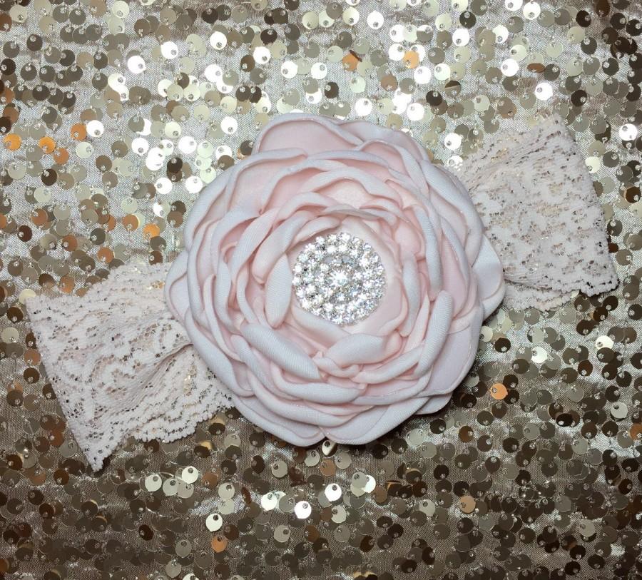 Wedding - Blush pink headband, Blush pink flower girl headband, blush pink hair clip - pink stretch lace headband, silver rhinestone, newborn headband