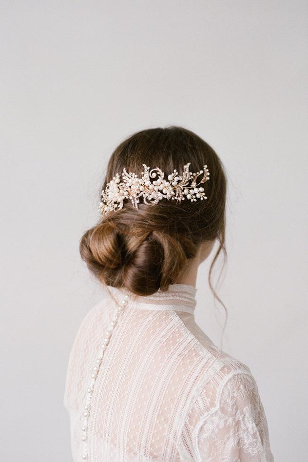 Wedding - Karina Gold Crystal Pearls  Hair Comb Bridal  Headpiece Wedding