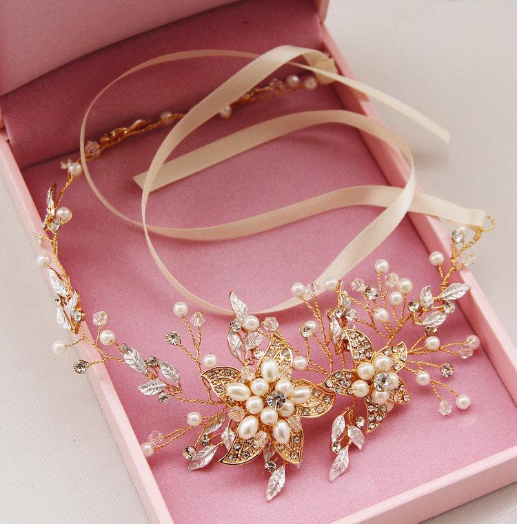 Wedding - Woodland bridal headband, bridal hair accessories, cystal flower & leaves hair tiara, bridal hair vine with pearl and crystal beads
