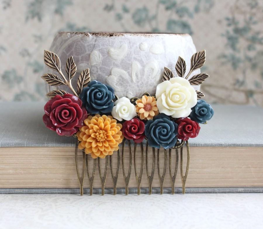 Hochzeit - Autumn Bridal Hair Comb Fall Wedding Navy Blue Rose Golden Mustard Yellow Rustic Country Floral Collage Bridesmaid Gift Marsala Deep Red