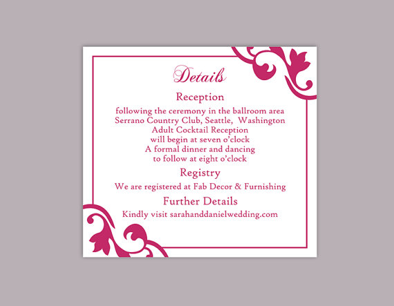 Hochzeit - DIY Wedding Details Card Template Editable Word File Instant Download Printable Details Card Fuchsia Details Card Elegant Enclosure Cards