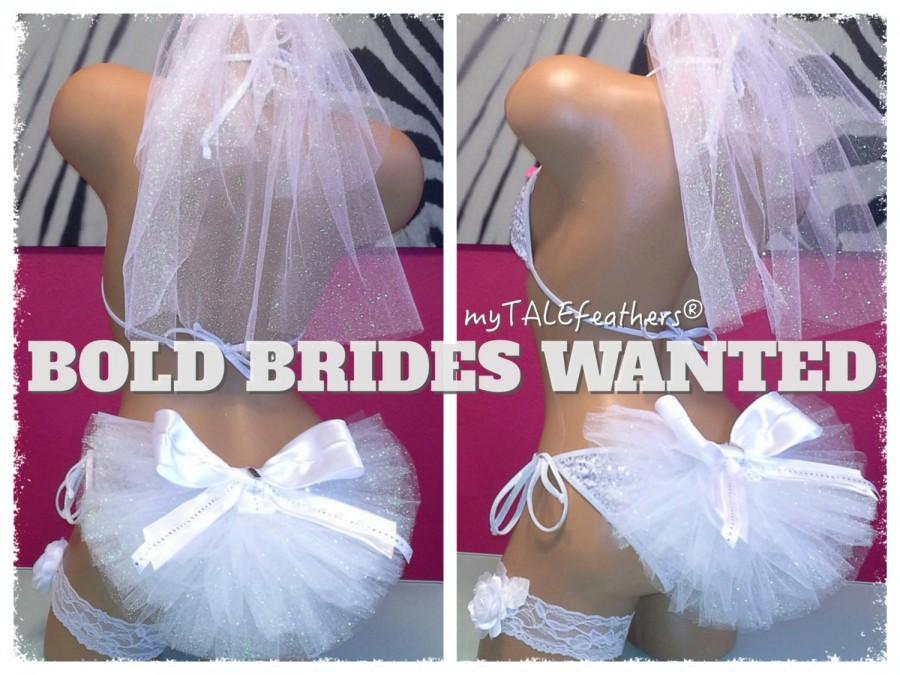 زفاف - Ultimate Bling Bridal Set - Bikini Veil, Bling Hair Veil & Rosette Lace Garter by myTALEfeathers®