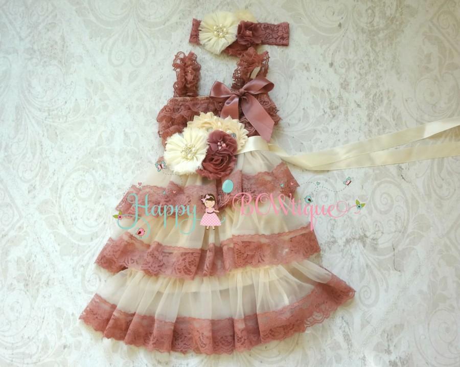 زفاف - Embellished Champagne Rose Chiffon Lace Dress,Flower Girl Flowy dress,Girls Dress,baby dress,1st Birthday outfit, Rustic Dress,Country dress