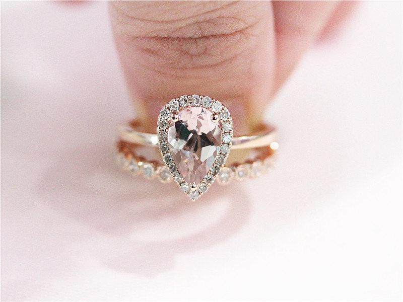 Свадьба - 2 Rings Set 14K Rose Gold Ring 6x9mm Pink Morganite Ring  3/4 Eternity Halo Matching Band Morganite Ring Wedding Ring Sets Engagement Ring