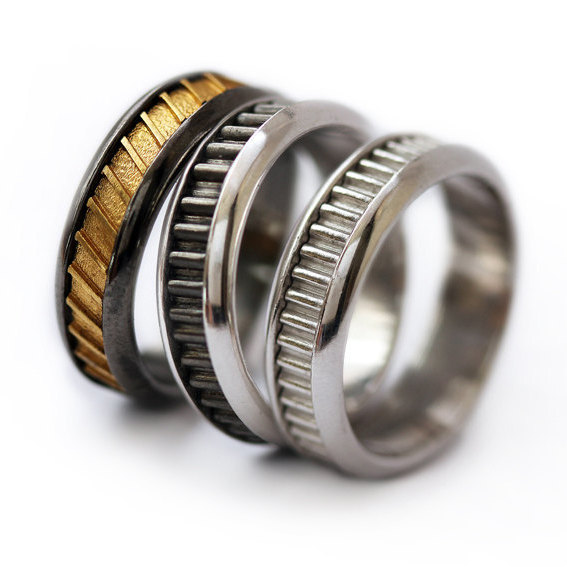 Mariage - Wedding band set, man wedding ring-His Fine Silver Wedding, Engraved wedding band, Black silver ring, Unique silver ring, Handmade mens ring