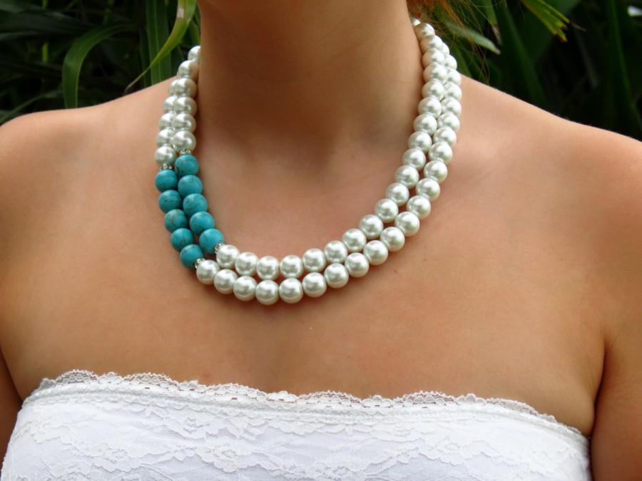 Wedding - Pearl & Turquoise Statement Necklace, Bracelet and Earring Set - White Bridal Pearl Necklace