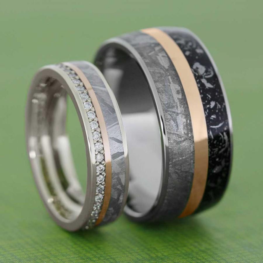 Meteorite Wedding Band Set With Rose Gold Pinstripes