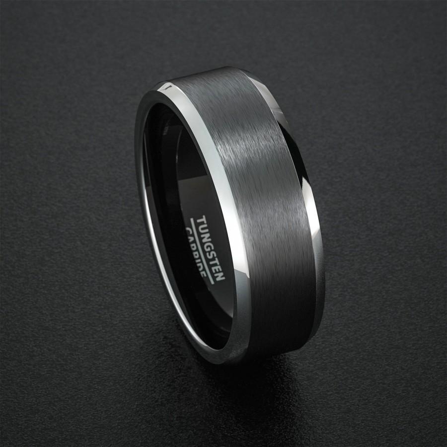 Свадьба - Tungsten Wedding Band Mens Ring Black Tungsten Rings Brushed Matte Finish Two Tone Beveled Edge Comfort Fit Tungsten Carbide Ring